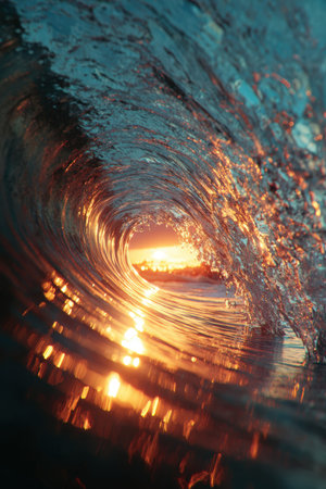 Surreal macro shot capturing a wave tunnel with a glowing sunset through a water lens. The vibrant reflections and cinematic clarity create a stunning nature composition.の素材