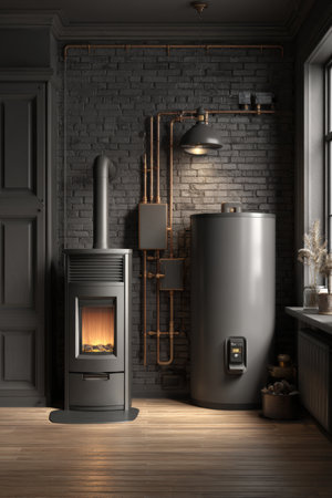Realistic image of a modern home utility room featuring a pellet stove and boiler tanks. The setting showcases soft warm tones and industrial details, creating a cozy atmosphere.の素材