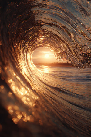 A stunning view of a glowing wave tunnel during sunset, showcasing realistic textures and golden hour reflections on water. The dramatic light and lens flare enhance the scene's depth.の素材
