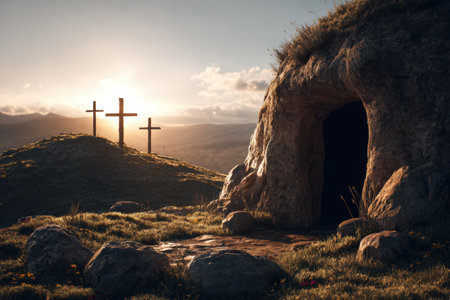 A stone tomb glows with morning light, symbolizing resurrection. Three crosses are silhouetted on a distant hill during the cinematic golden hour, creating a serene and spiritual scene.の素材
