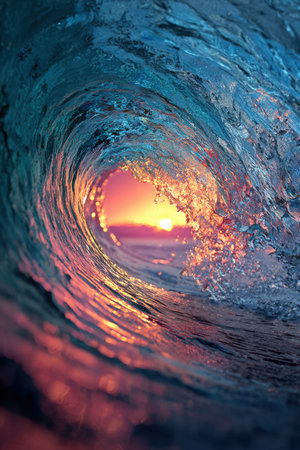 A stunning macro shot of a vibrant barrel wave frozen in motion, with a glowing sunset at its center. The image blends warm and cool tones, creating a surreal natural beauty.の素材