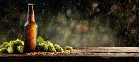 Studio shot of a beer bottle with realistic condensation, standing on a wet wooden bar. Hops and malt are placed on either side, creating a rustic and refreshing atmosphere.の素材