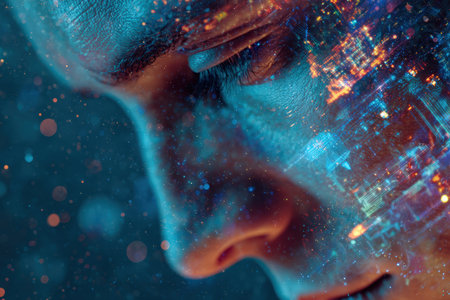 A surreal sci-fi artwork depicting a person's face merging with a galaxy and data overlays, symbolizing cosmic intelligence. The vibrant lighting enhances the futuristic theme.の素材