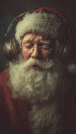 A nostalgic cinematic portrait of Santa Claus listening to holiday music on vintage headphones. The retro color grading enhances the warm, nostalgic mood of the festive season.の素材