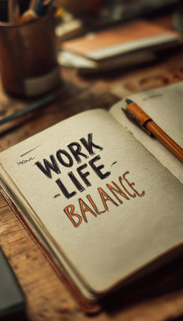 A notebook open to a page with "Work Life Balance" handwritten in bold letters. The image features warm, cinematic tones, emphasizing productivity and mindfulness concepts.の素材