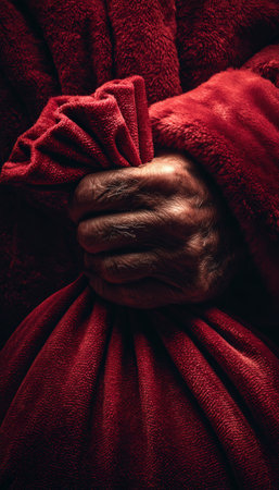 A detailed close-up of Santa's hand gripping a red velvet sack, showcasing the rich fabric texture and strong highlights. Captured in a modern festive studio setting.の素材