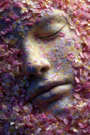 A surreal artistic depiction of a facial mask seamlessly blending with vibrant flower petals, embodying a fusion of beauty and nature in a captivating fantasy art style.の素材