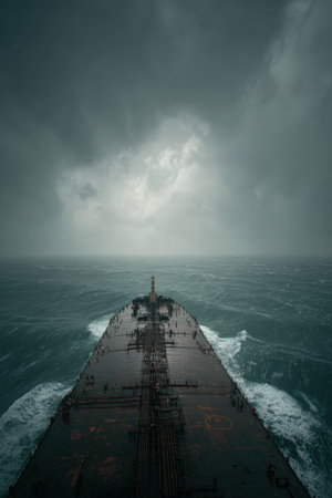 A dramatic image of a tanker navigating through monsoon conditions. The green-grey sea and moody sky create a powerful, atmospheric scene with cinematic realism.の素材