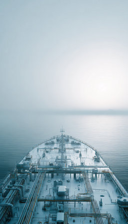 A futuristic tanker with an automated, crewless deck sails on a tranquil sea. The clean white sky gradient enhances the industrial sci-fi atmosphere, creating a peaceful scene.の素材