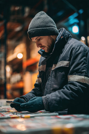 A worker in gloves and uniform scans labels in a cold storage warehouse. Steam clouds are subtly visible, emphasizing the cold environment. The focus is on the scanning action.の素材