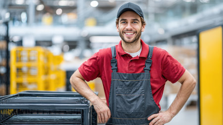 A satisfied worker stands with hands on hips beside an empty cart in a well-lit warehouse. The background features organized shelves, indicating a completed delivery sorting task.の素材