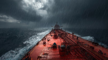 A red tanker faces a heavy rainstorm at sea, with intense dark clouds and waves splashing against its bow, creating a dramatic maritime scene in highly detailed realism.の素材