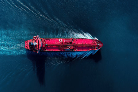 Drone captures a striking aerial view of a red tanker navigating through the deep blue sea. The image showcases a geometric, symmetrical composition with a clear, editorial style.の素材