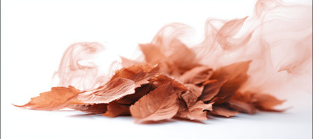 A cozy autumn leaf pile with soft, smoky layers in warm tones, glowing slightly on a white background. Perfect for seasonal campaigns or themed branding.の素材