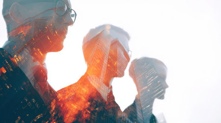 Double exposure image of a corporate team and glass skyscrapers, symbolizing innovation, success, and modern business strategies in a cinematic style.の素材