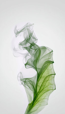 A delicate leaf shape formed by flowing smoke against a white background. The wisps curl gracefully, creating a nature-inspired structure with translucent edges.の素材