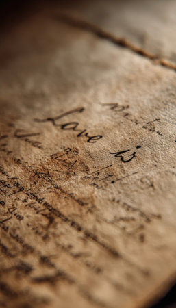 A detailed close-up of an old document featuring the phrase "Love isâ¦" in faded ink. The image captures vintage realism and poetic minimalism with soft, warm lighting.の素材