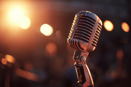 Close-up of a vintage microphone on stage under warm golden lights, creating a nostalgic concert atmosphere with a dark, blurred background.の素材