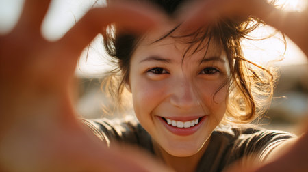 A joyful young woman smiles through a heart-shaped hand gesture, capturing the essence of happiness on a sunny day. The warm tones enhance the emotional and lifestyle photography.の素材