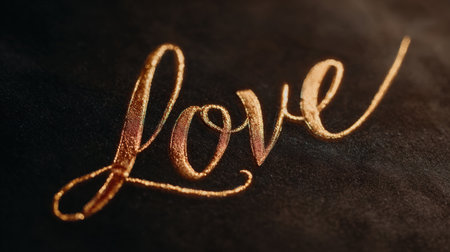 Luxurious golden calligraphy spelling "love" glows against a rich dark velvet background, creating an aesthetic of passion and elegance. Perfect for romantic and sophisticated themes.の素材