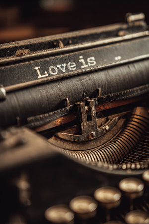 Close-up of a vintage typewriter with the phrase "Love isâ¦" in focus. The image features an aged texture, evoking a classic cinematic still life atmosphere.の素材