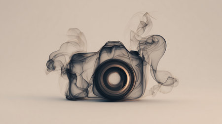 A camera icon crafted from layered smoke forms, subtly outlining the lens and body on a soft monochrome background. Ideal for photography business branding or media design.の素材