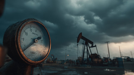A cinematic shot captures a storm approaching an oilfield. A pressure gauge reflects dark clouds, and a pumpjack is partially obscured, creating a tense, dramatic atmosphere.の素材