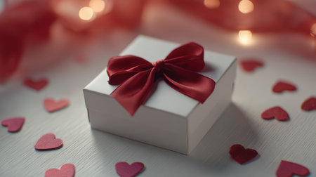 A white gift box adorned with a glossy red satin bow is surrounded by tiny heart decorations. The soft red gradient lighting creates a cinematic and romantic atmosphere.の素材