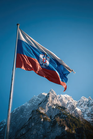 The Slovenian flag with blue, white, and red stripes and emblem waves gracefully against a clear blue sky, set against the backdrop of majestic alpine mountains, capturing serene natural beauty.の素材