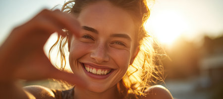 A joyful woman smiles warmly, making a heart gesture with her hands under the sun. The candid portrait captures her happiness and the natural lighting enhances the scene.の素材