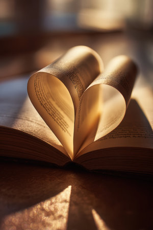 A heart-shaped shadow is formed by the pages of an open book, with warm sunlight filtering through. The soft focus adds an emotional and romantic touch to the scene.の素材