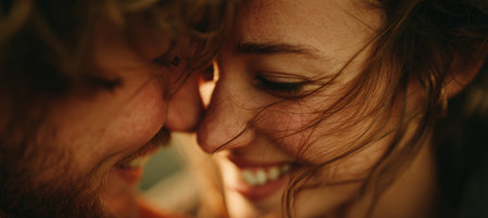 A close-up of a smiling couple sharing an intimate moment, captured in golden tones with natural light and a gentle breeze, creating a cinematic and romantic atmosphere.の素材