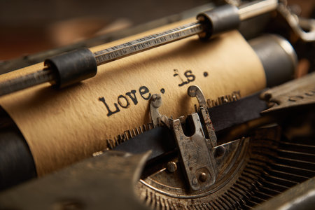 Macro shot of an old typewriter typing "Love isâ¦" on vintage brown paper. Warm, nostalgic lighting and soft focus edges create a romantic literary mood.の素材