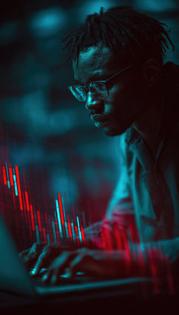 A young professional types on a laptop with projected financial graphs showing a decline. The image features vibrant red and cyan tones, a high-tech aesthetic, and dynamic lighting.の素材