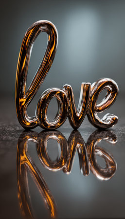 A realistic depiction of the word "love" in cursive, reflected on a glossy surface. Captured with studio lighting, this image highlights romantic typography and elegant design.の素材