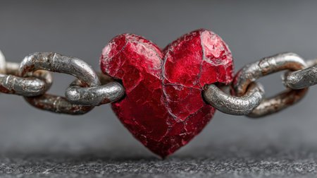 Close-up of a red heart integrated into a steel chain, highlighting the contrast between emotion and strength. The moody background enhances the symbolic concept art and realism.の素材