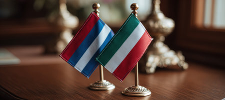 Close-up of Slovakia and Hungary desk flags displayed on a wooden table. The vibrant tricolor textiles create a refined diplomatic ambiance in a warm indoor environment.の素材