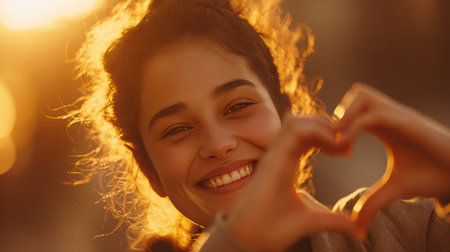A joyful woman with a radiant smile makes a heart gesture with her hands, captured in warm golden hour tones and cinematic romantic lighting.の素材