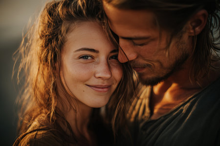 A man and woman share a tender smile in a cinematic outdoor beach scene, bathed in warm golden light, capturing an emotional connection and natural beauty.の素材