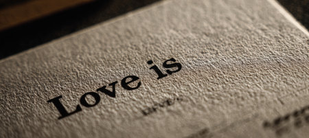 Detailed close-up of paper featuring the phrase "Love isâ¦" typed in black ink. The image showcases a subtle grain texture, evoking a classic literary and vintage vibe.の素材