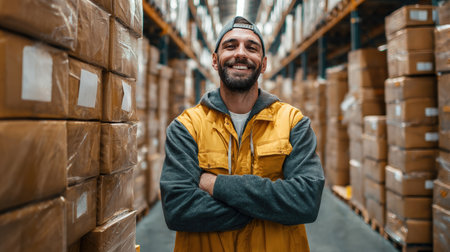 A cheerful logistics worker stands with arms crossed beside neatly stacked parcels in a clean warehouse aisle. The high-resolution image features sharp shadows and realistic lighting.の素材