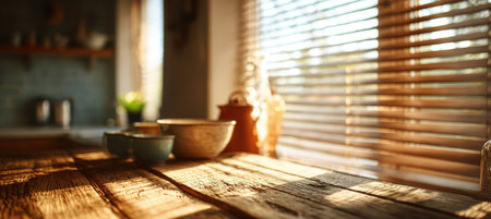 Cozy rustic kitchen setting featuring a wooden tabletop bathed in morning light through blinds. The natural atmosphere is enhanced by a blurred background, creating a warm, inviting feel.の素材