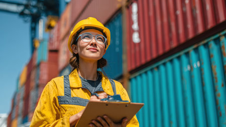 A professional woman inspector wearing safety gear holds a clipboard at a port. Bright, sunny weather highlights the colorful shipping containers in the background.の素材