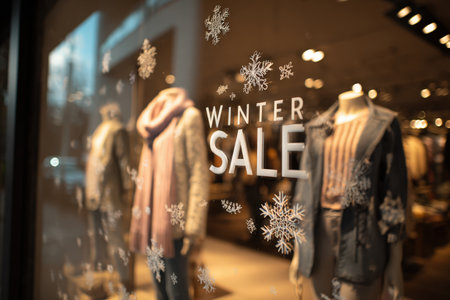 Fashion store window featuring bold "Winter Sale" signage, mannequins in cozy outfits, and snowflake decals. Warm indoor lighting enhances the photorealistic detail.の素材
