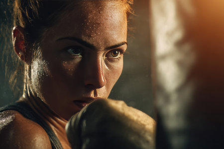A female boxer trains intensely, punching a heavy bag in a dim gym. Sweat flies as dramatic side lighting highlights her determination and gritty photorealistic atmosphere.の素材