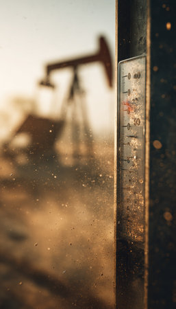 Vertical macro image capturing dust particles on a gauge surface with a pumpjack in soft focus. The scene is bathed in warm rural sunlight, showcasing natural cinematic realism.の素材