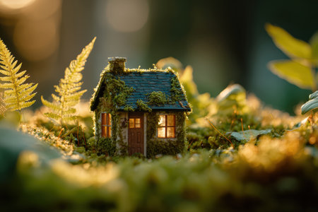 Realistic photography of a miniature eco-friendly house model surrounded by moss and fern leaves, bathed in warm morning light, creating a cinematic and serene atmosphere.の素材
