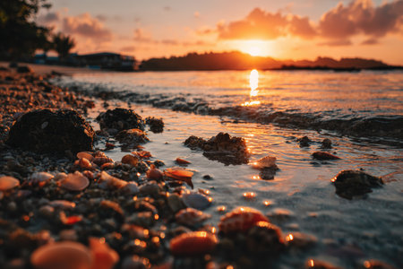 A serene sunrise over a tropical beach, featuring shells and corals. The warm orange glow reflects on calm water, creating a peaceful and cinematic atmosphere.の素材