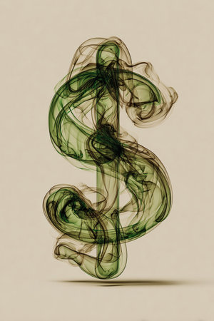 A dollar sign formed by curling green smoke lines, layered with depth, floats against a neutral beige background. This conceptual financial symbol is ideal for fintech branding and design.の素材