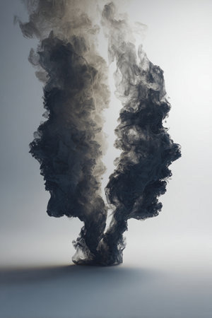 Abstract artwork depicting a human face split in half, each side drifting apart as smoke. Set against a neutral gradient, this piece explores themes of identity and psychology.の素材
